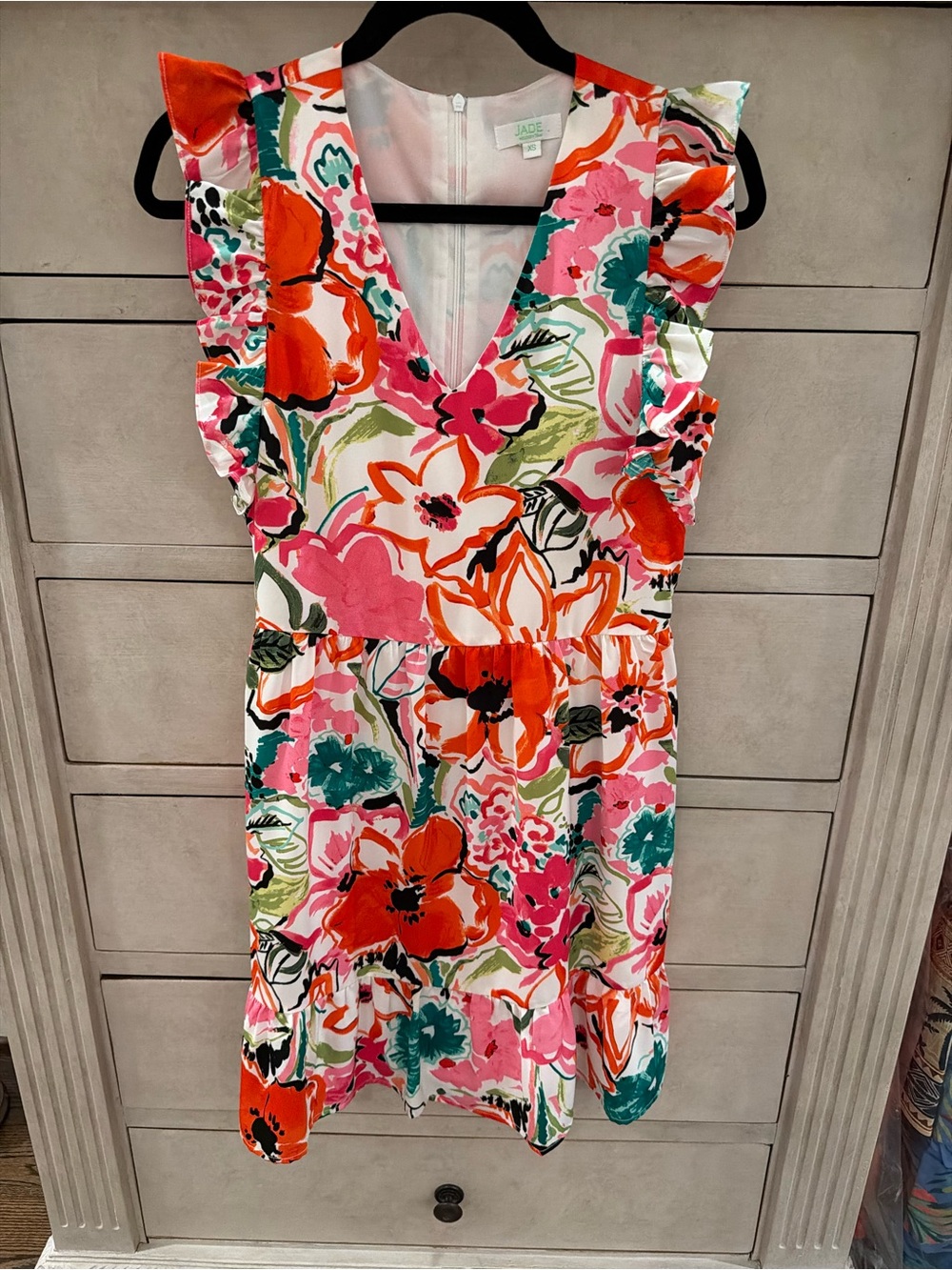 Jade Pink, Orange & Teal Floral Ruffle Mini Dress